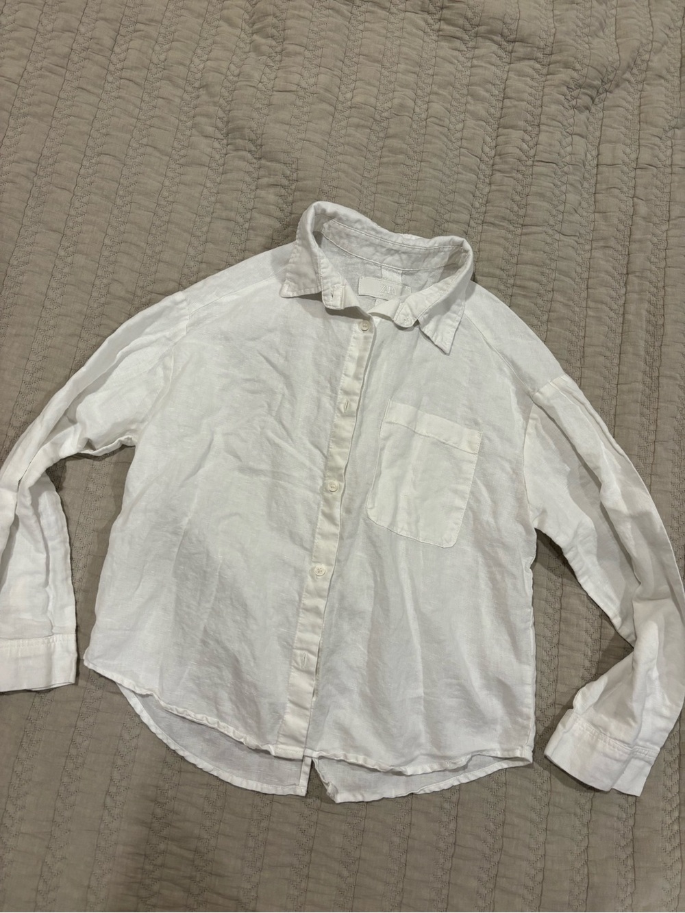 Zara White Linen-Texture Button-Down Shirt